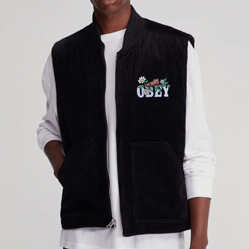 Obey Duke corduroy black embroidered vest NWT